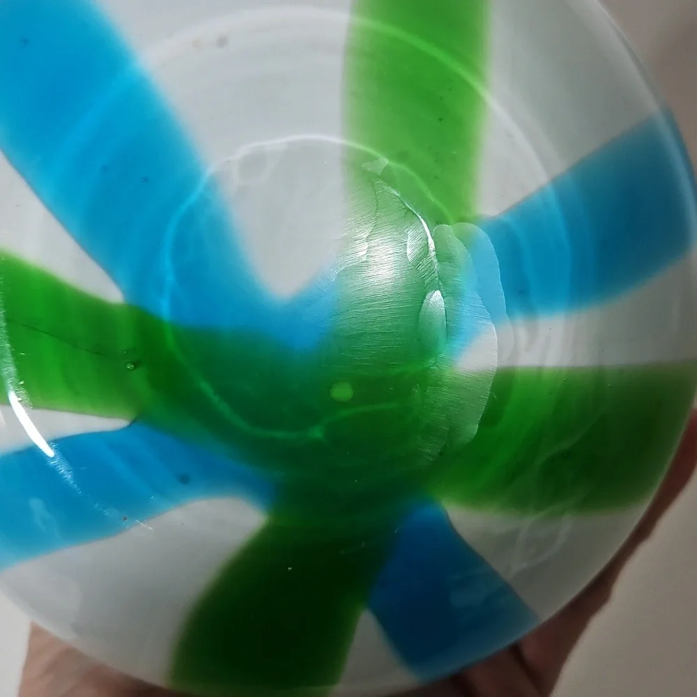 Handblown Post-Modern Blue Green Striped Art Glass Double Gourd Vase